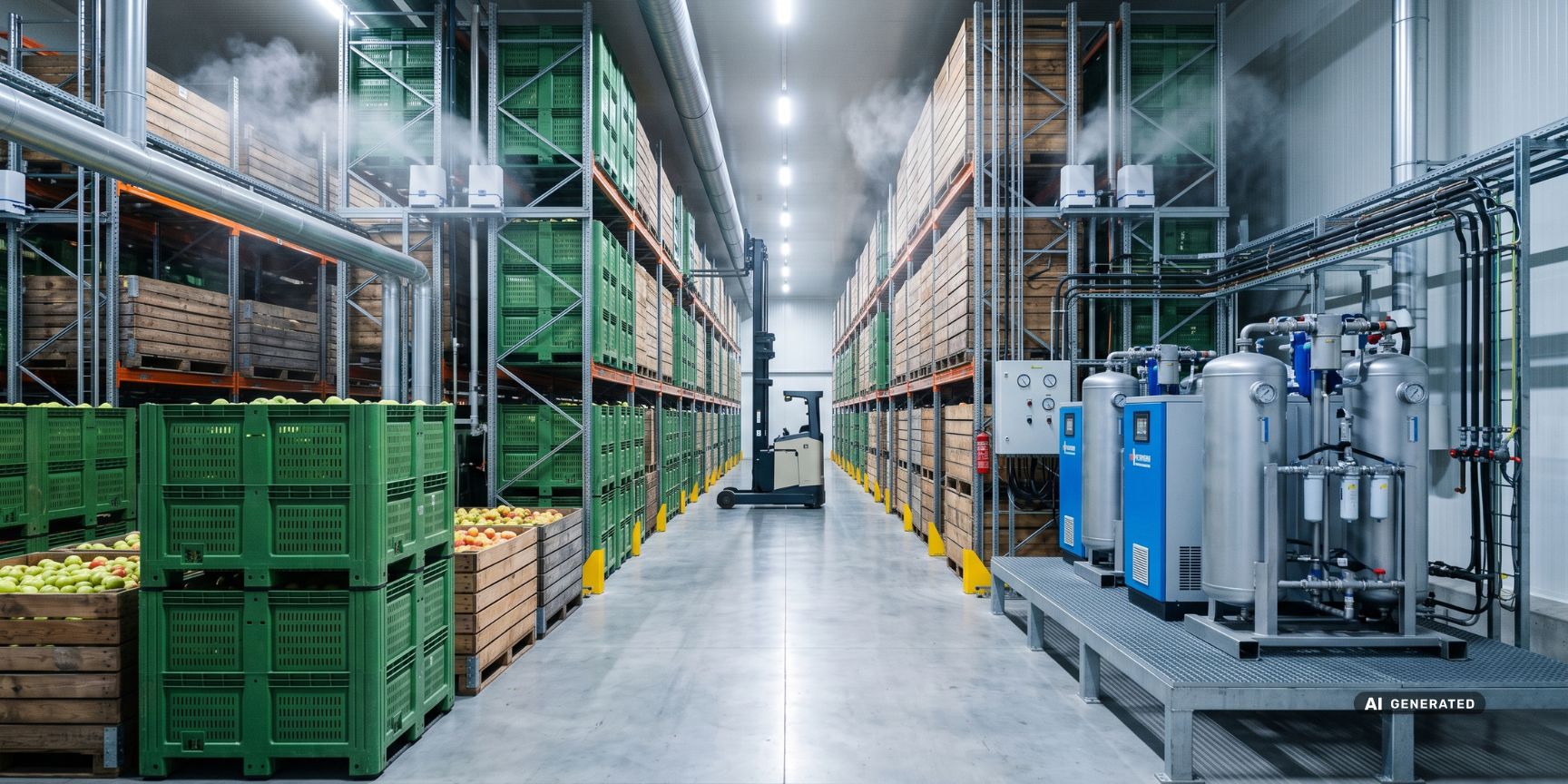 High-bay warehouse in a CA hall filled with apples. Sensors, humidifiers and scrubbers ensure the artificial climate in the logistics property.